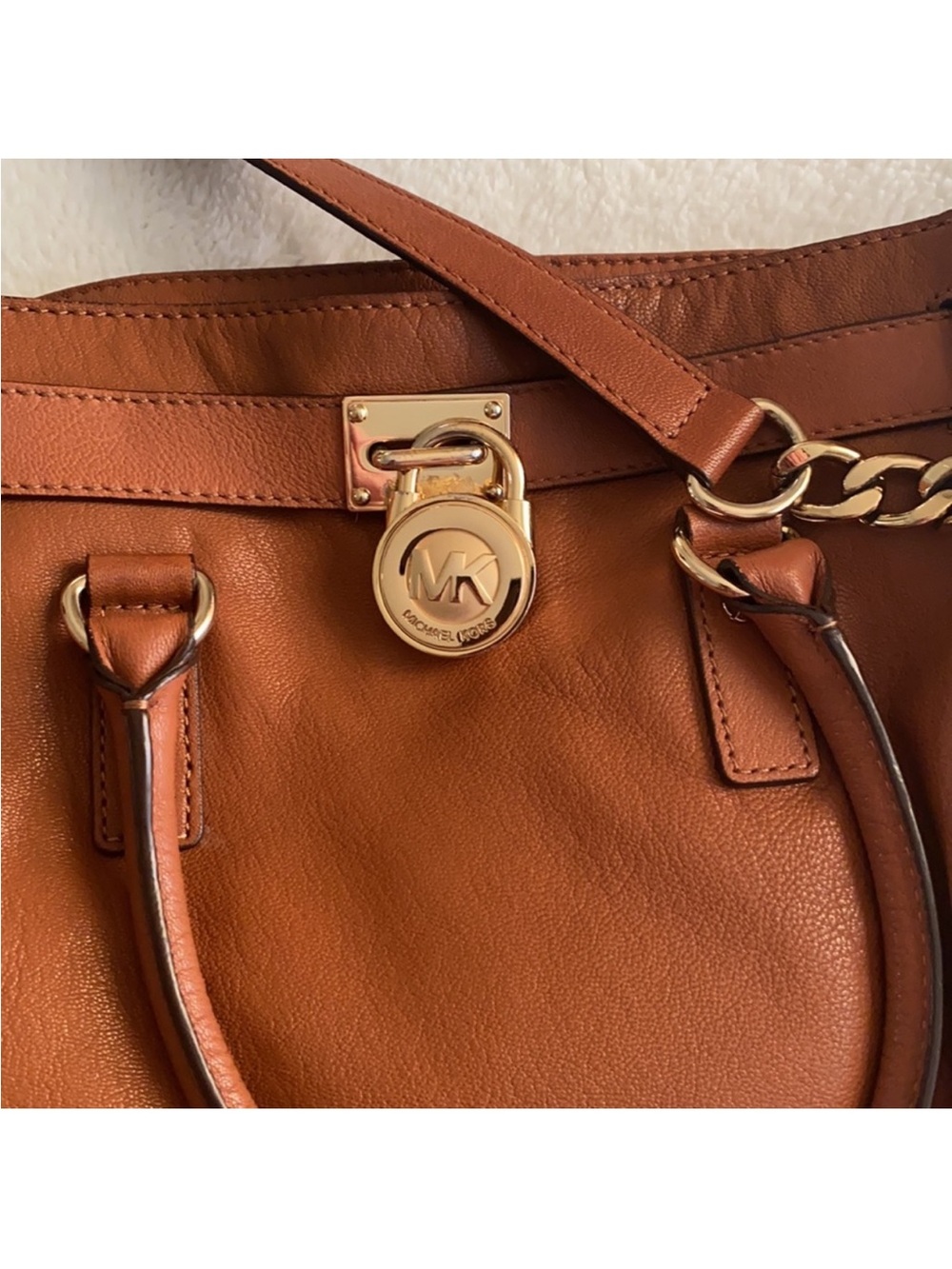 Michael Kors Cognac Leather Satchel with Gold-Tone Lock